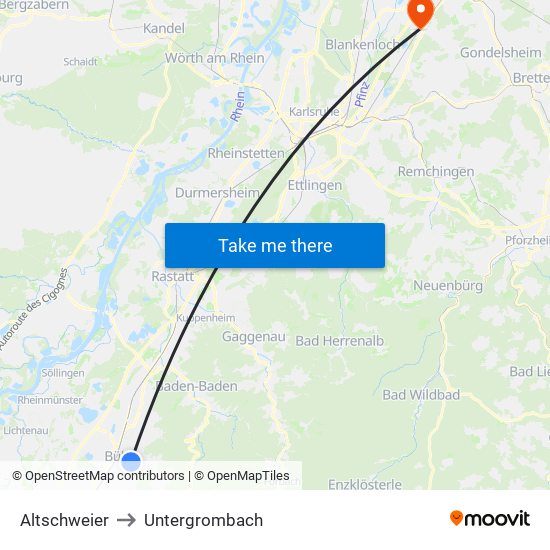 Altschweier to Untergrombach map