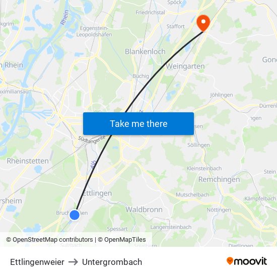 Ettlingenweier to Untergrombach map