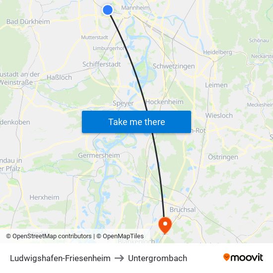 Ludwigshafen-Friesenheim to Untergrombach map