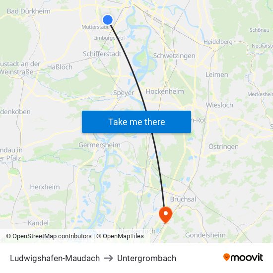 Ludwigshafen-Maudach to Untergrombach map