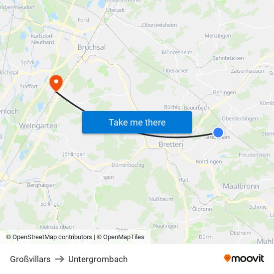 Großvillars to Untergrombach map