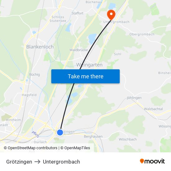 Grötzingen to Untergrombach map