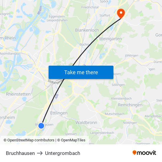 Bruchhausen to Untergrombach map