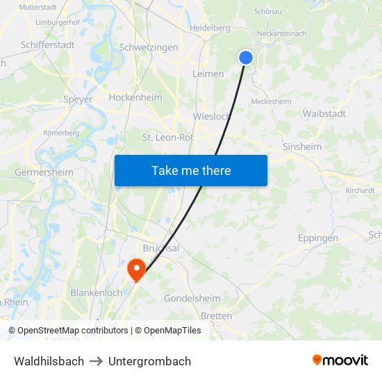 Waldhilsbach to Untergrombach map