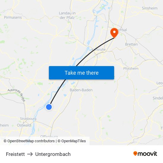 Freistett to Untergrombach map