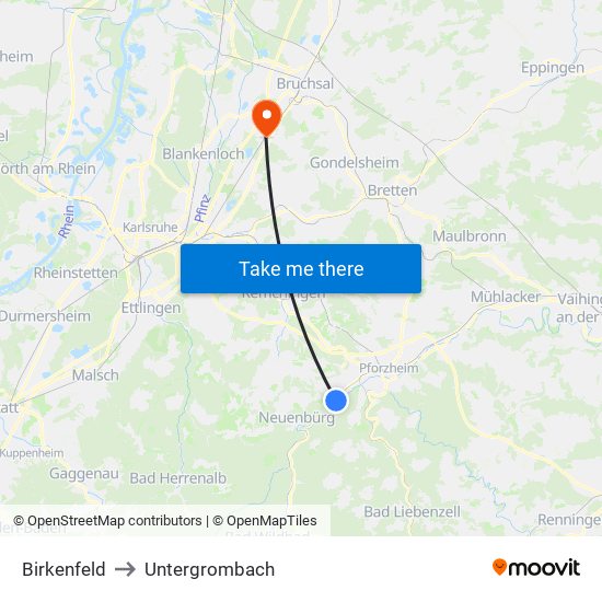 Birkenfeld to Untergrombach map