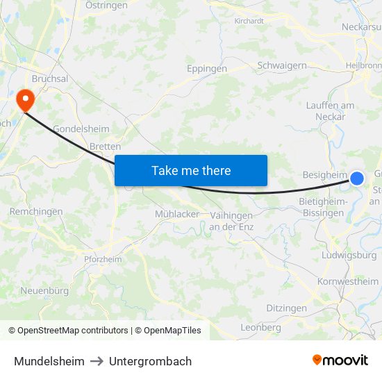 Mundelsheim to Untergrombach map