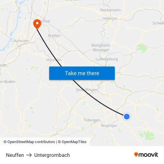 Neuffen to Untergrombach map