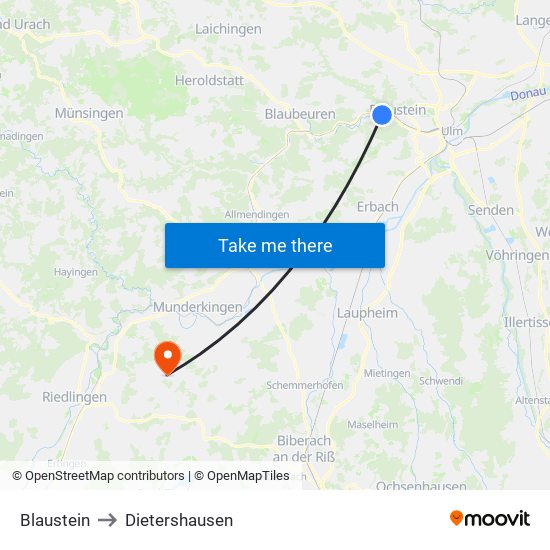 Blaustein to Dietershausen map