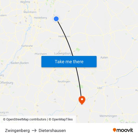 Zwingenberg to Dietershausen map