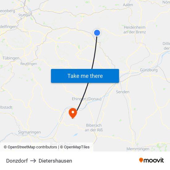 Donzdorf to Dietershausen map