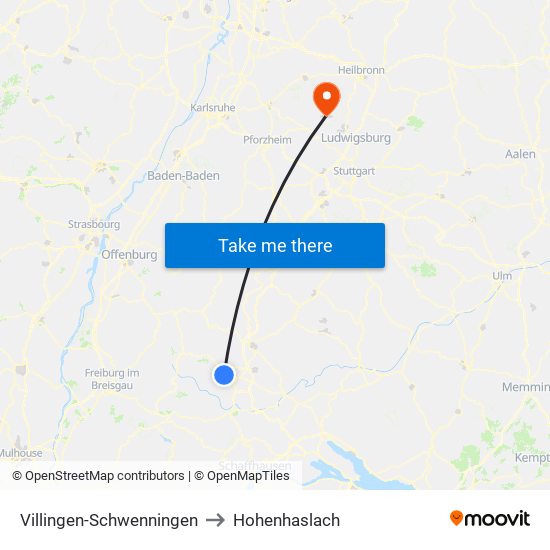 Villingen-Schwenningen to Hohenhaslach map