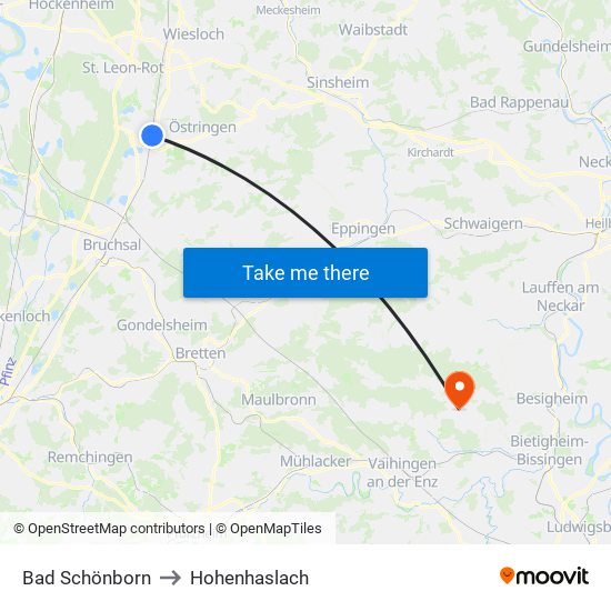 Bad Schönborn to Hohenhaslach map