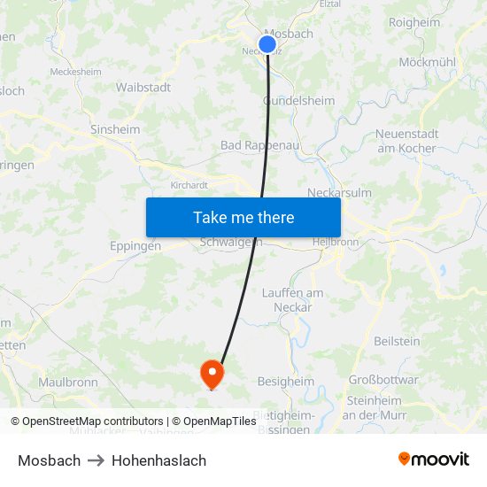 Mosbach to Hohenhaslach map