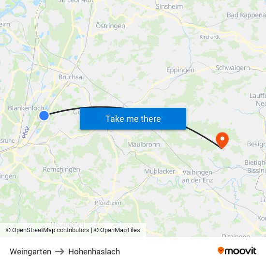 Weingarten to Hohenhaslach map