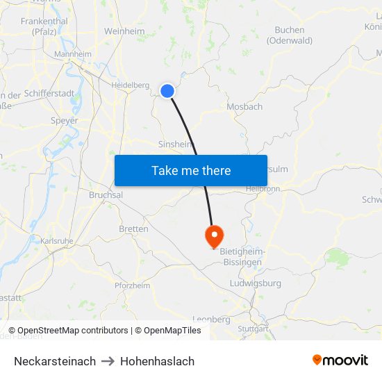 Neckarsteinach to Hohenhaslach map