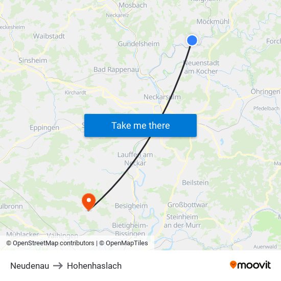 Neudenau to Hohenhaslach map