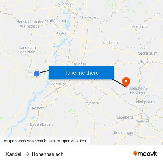 Kandel to Hohenhaslach map