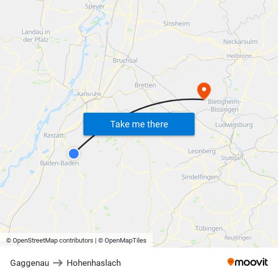 Gaggenau to Hohenhaslach map