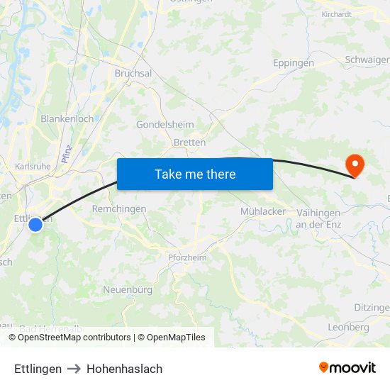 Ettlingen to Hohenhaslach map