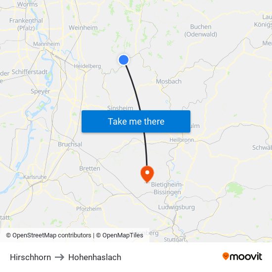 Hirschhorn to Hohenhaslach map