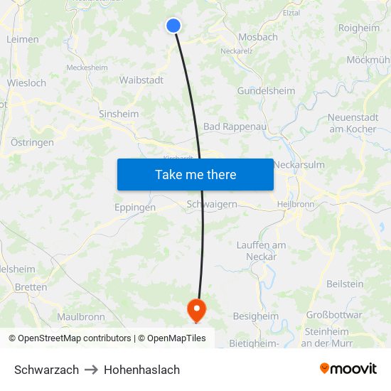 Schwarzach to Hohenhaslach map