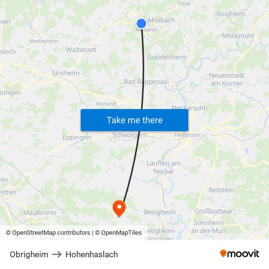 Obrigheim to Hohenhaslach map