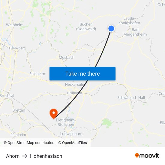 Ahorn to Hohenhaslach map