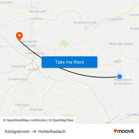 Königsbronn to Hohenhaslach map