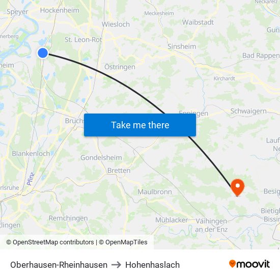 Oberhausen-Rheinhausen to Hohenhaslach map