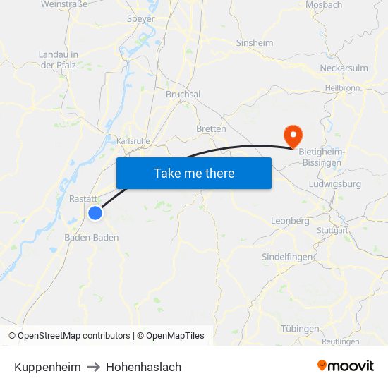 Kuppenheim to Hohenhaslach map