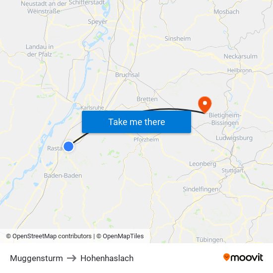 Muggensturm to Hohenhaslach map