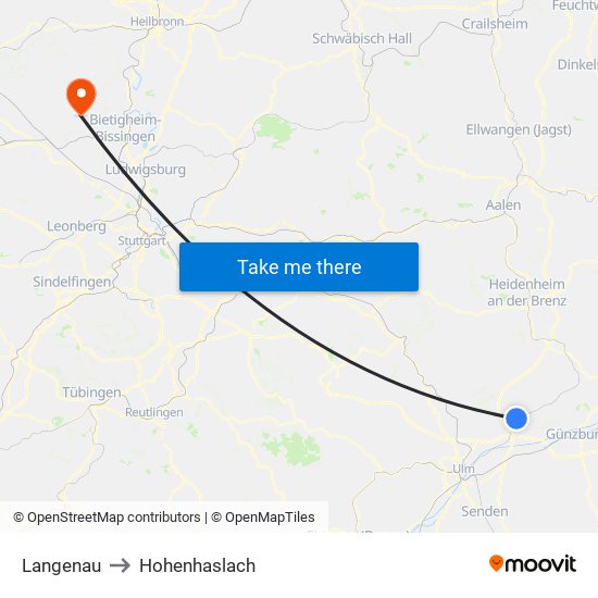 Langenau to Hohenhaslach map