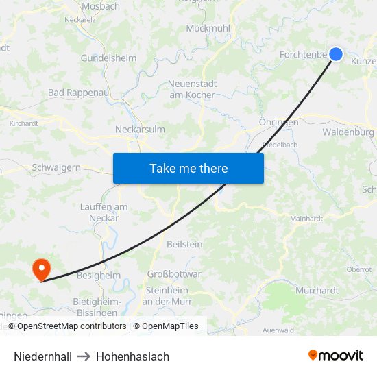 Niedernhall to Hohenhaslach map