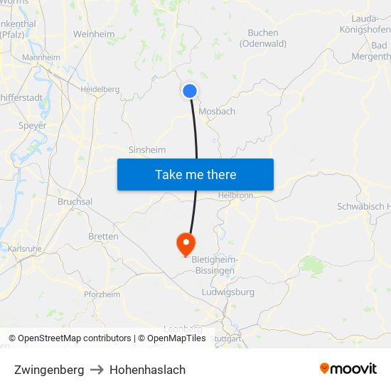 Zwingenberg to Hohenhaslach map