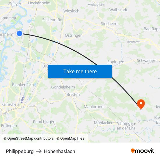Philippsburg to Hohenhaslach map