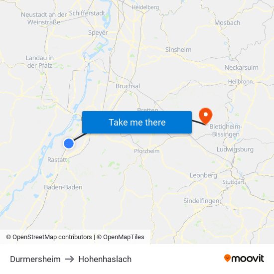 Durmersheim to Hohenhaslach map