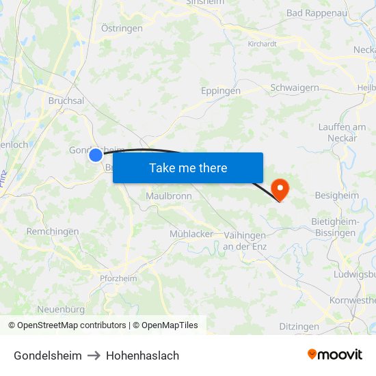 Gondelsheim to Hohenhaslach map