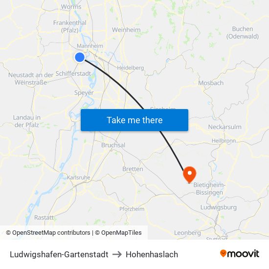 Ludwigshafen-Gartenstadt to Hohenhaslach map