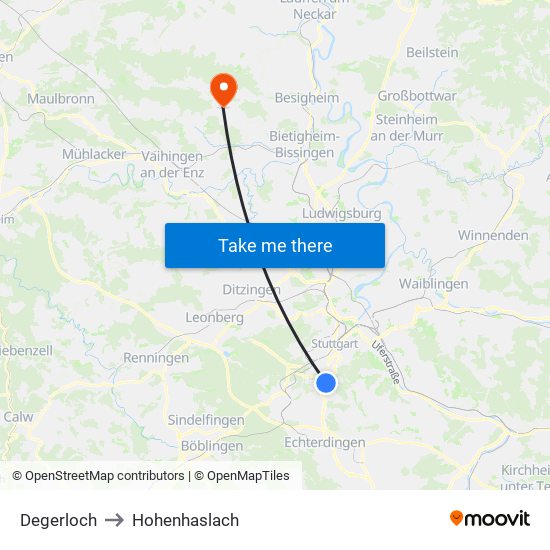 Degerloch to Hohenhaslach map