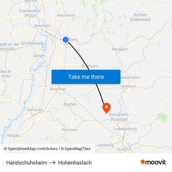 Handschuhsheim to Hohenhaslach map