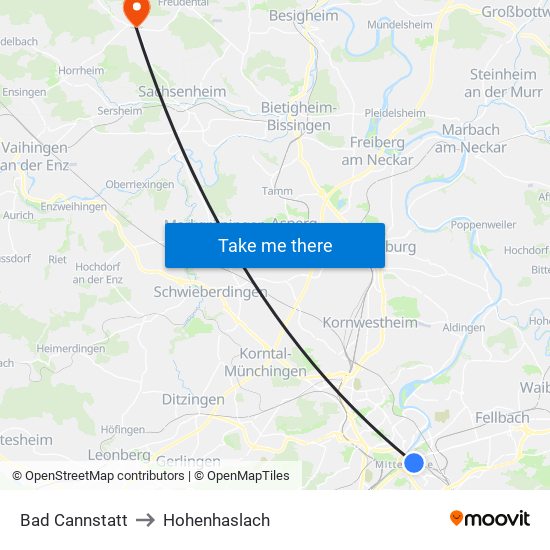 Bad Cannstatt to Hohenhaslach map