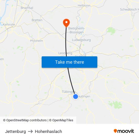 Jettenburg to Hohenhaslach map