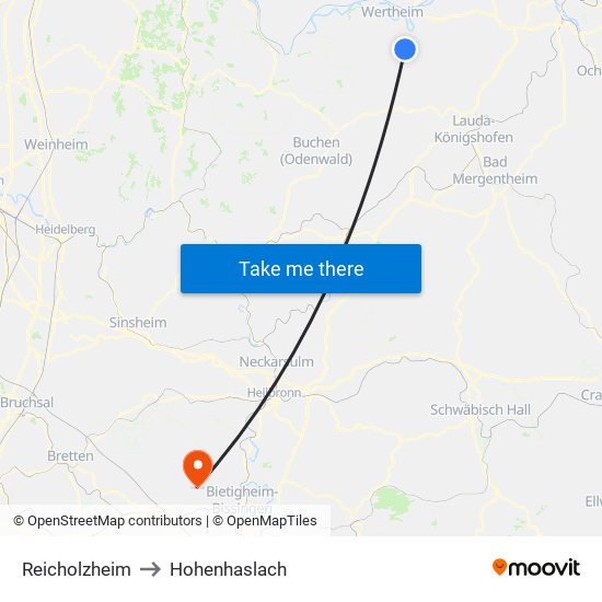 Reicholzheim to Hohenhaslach map