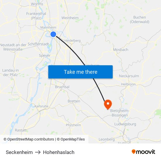 Seckenheim to Hohenhaslach map