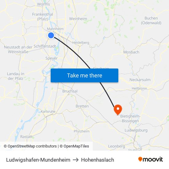 Ludwigshafen-Mundenheim to Hohenhaslach map