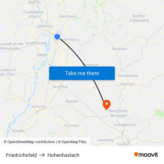 Friedrichsfeld to Hohenhaslach map
