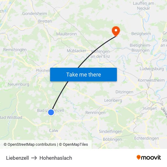 Liebenzell to Hohenhaslach map