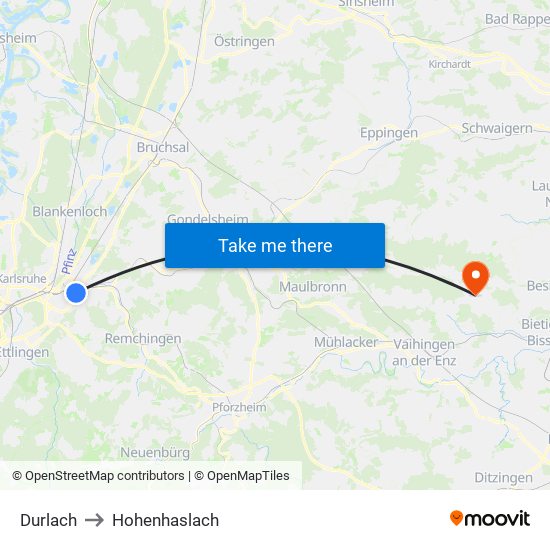 Durlach to Hohenhaslach map
