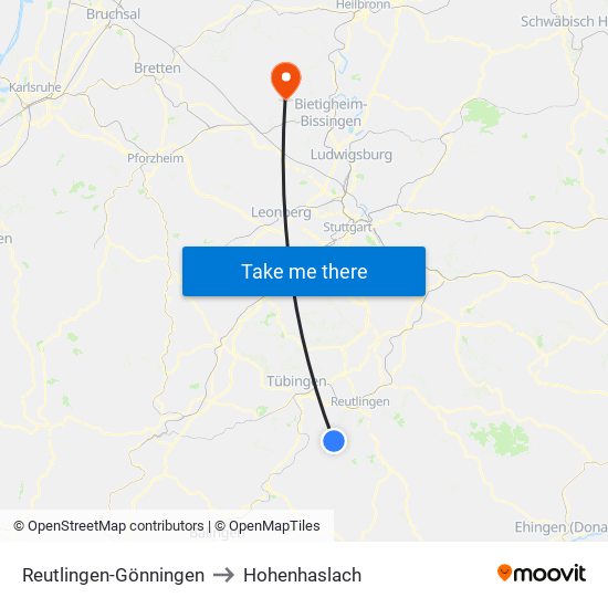 Reutlingen-Gönningen to Hohenhaslach map